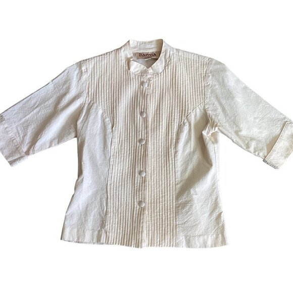 VTG Samia Cotton Top S Pintuck & Covered Buttons Half Sleeve Fitted Waist 34L - Picture 1 of 8